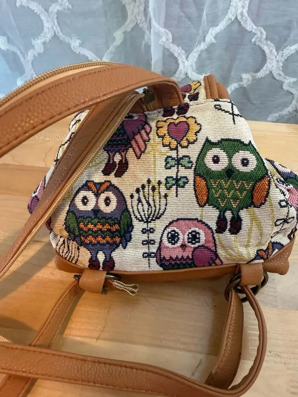 Small Tapestry Owl Print Mini Backpack with Brown Faux Leather Trim